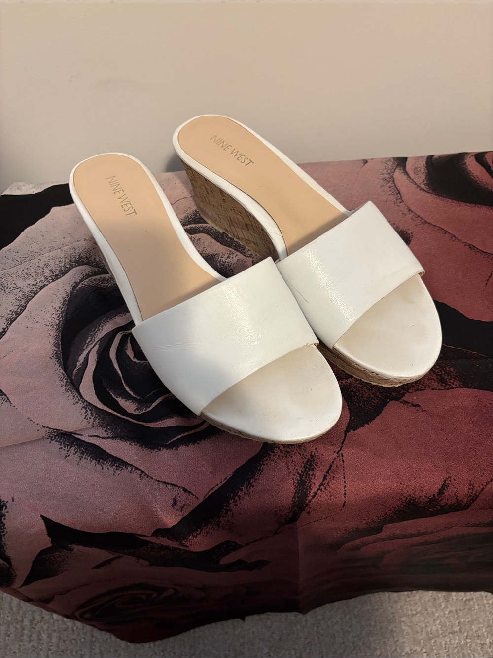 Nine West White Leather Cork Wedge Slide Sandals